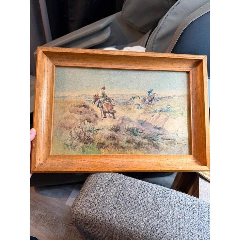 Vintage C.M. Russell "When Cows Were Wild" Framed Textured Print